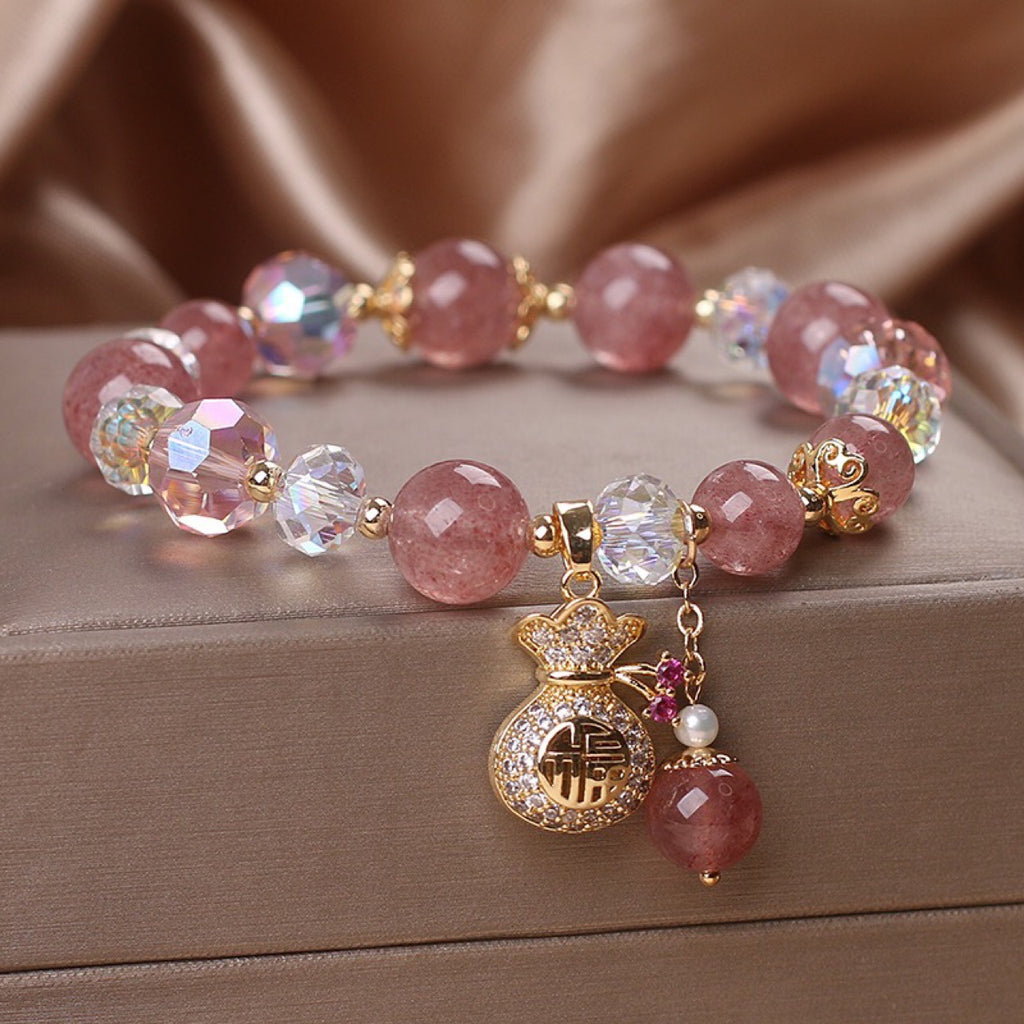 Handmade Natural Strawberry Quartz Bracelet – Diamond Charm Women’s Crystal Jewelry