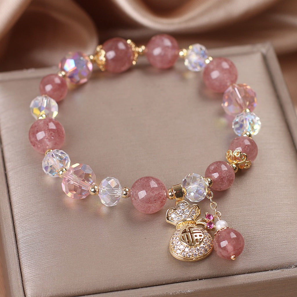 Handmade Natural Strawberry Quartz Bracelet – Diamond Charm Women’s Crystal Jewelry