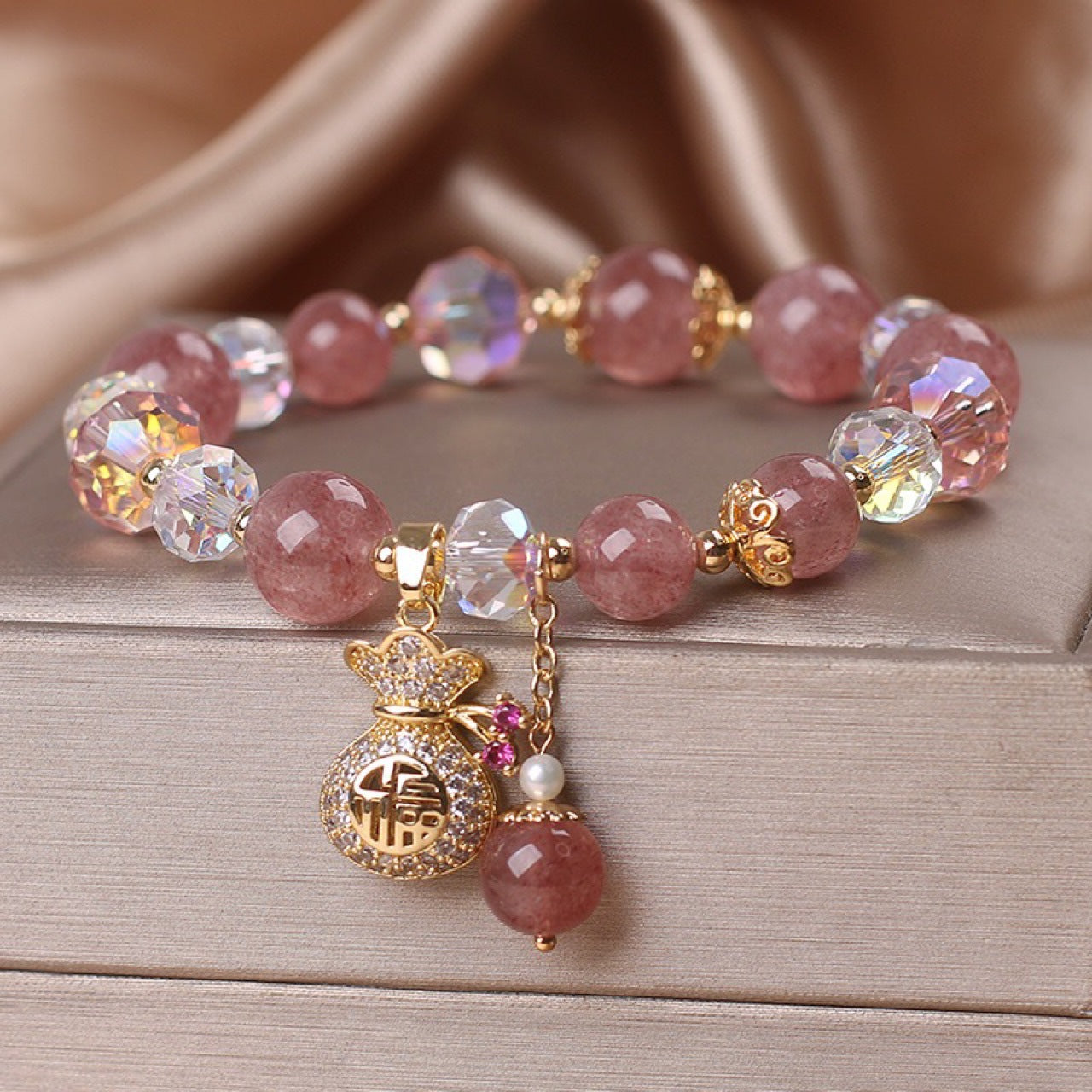 Handmade Natural Strawberry Quartz Bracelet – Diamond Charm Women’s Crystal Jewelry
