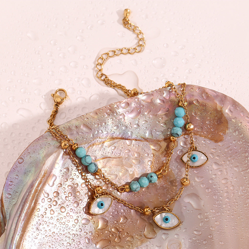 White Shell Eye & Turquoise Double Circle Anklet – Boho Gold Women’s Jewelry