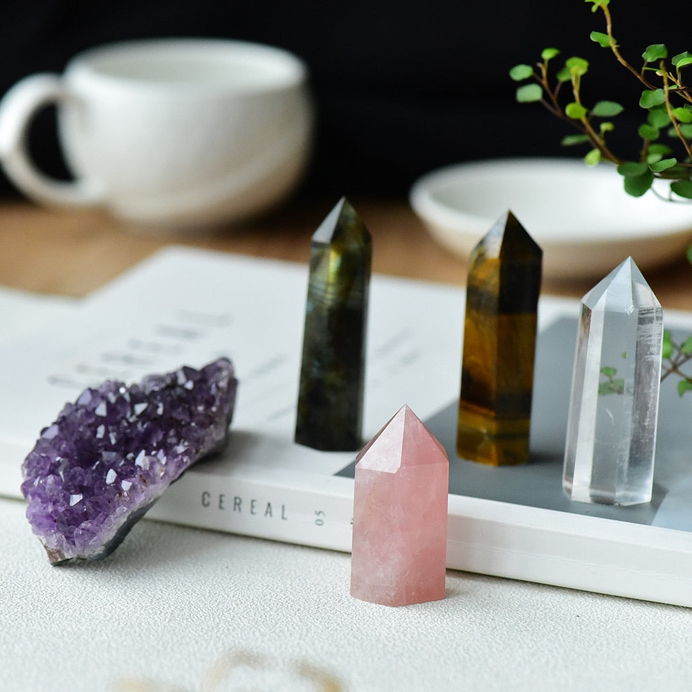 Natural Hexagonal Crystal Column – Amethyst, Rose Quartz, Tiger Eye Healing Decoration Stone