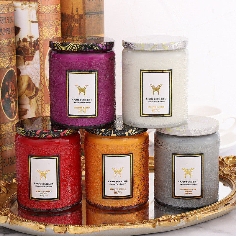 Luxury Embossed Glass Aromatherapy Candle – Handmade Soy Wax Gift