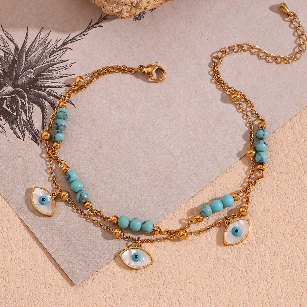 White Shell Eye & Turquoise Double Circle Anklet – Boho Gold Women’s Jewelry
