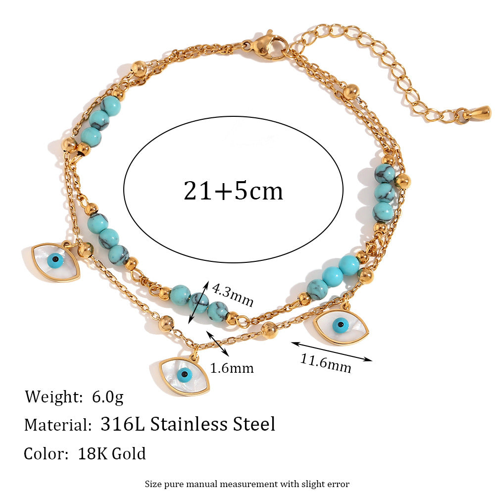 White Shell Eye & Turquoise Double Circle Anklet – Boho Gold Women’s Jewelry