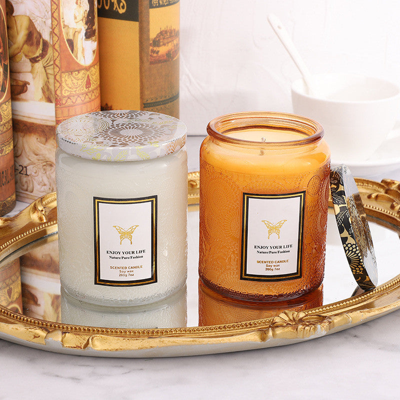 Luxury Embossed Glass Aromatherapy Candle – Handmade Soy Wax Gift