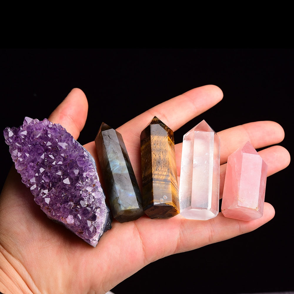 Natural Hexagonal Crystal Column – Amethyst, Rose Quartz, Tiger Eye Healing Decoration Stone