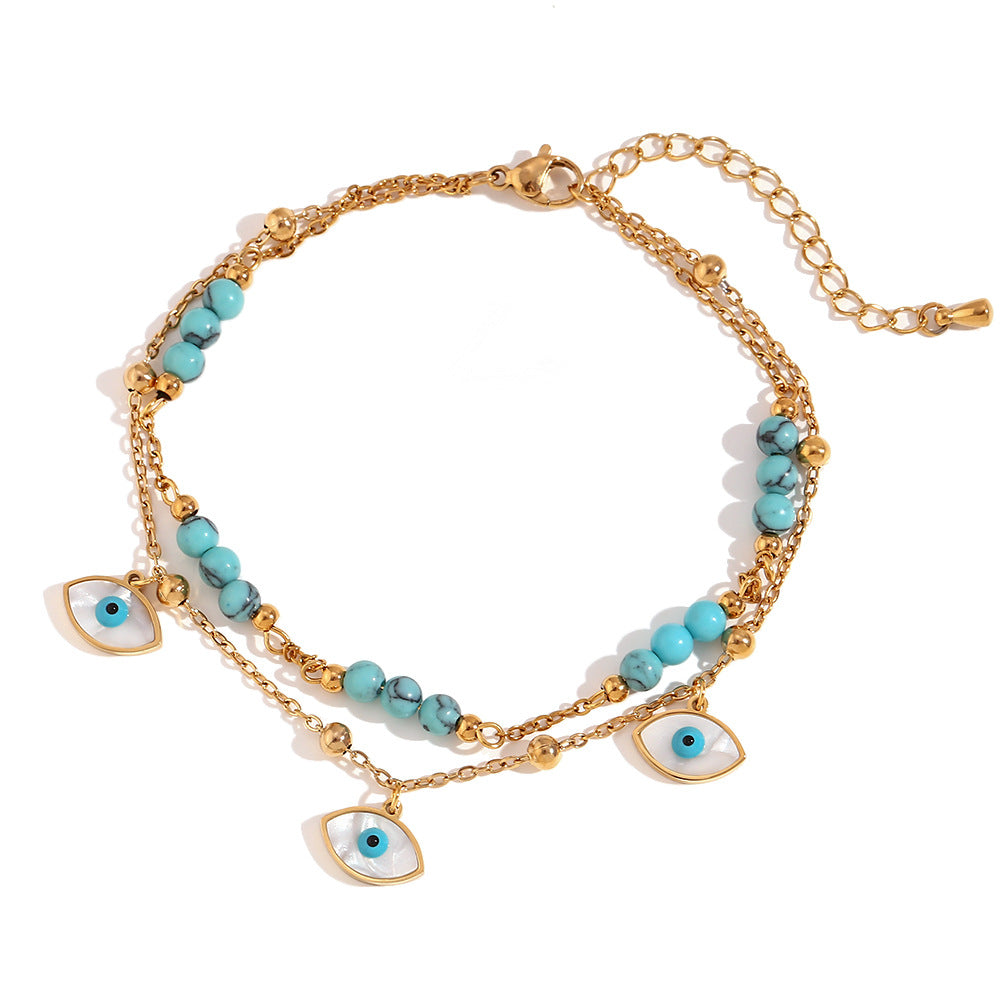 White Shell Eye & Turquoise Double Circle Anklet – Boho Gold Women’s Jewelry