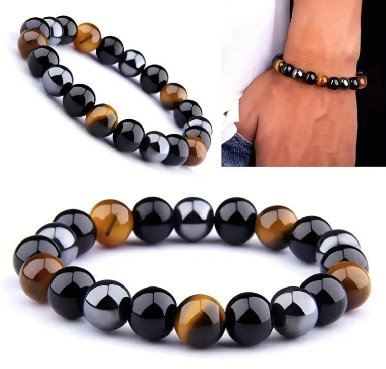 Triple Protection Bracelet Set – Handmade Obsidian, Tiger’s Eye & Hematite Jewelry