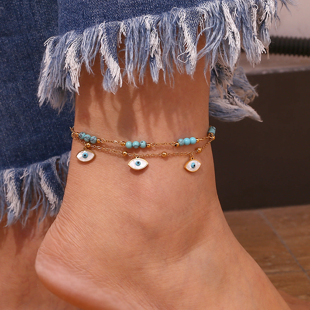 White Shell Eye & Turquoise Double Circle Anklet – Boho Gold Women’s Jewelry