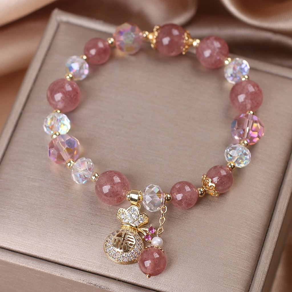 Handmade Natural Strawberry Quartz Bracelet – Diamond Charm Women’s Crystal Jewelry