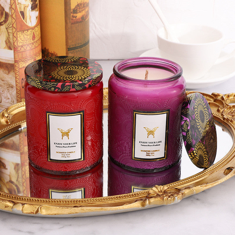 Luxury Embossed Glass Aromatherapy Candle – Handmade Soy Wax Gift