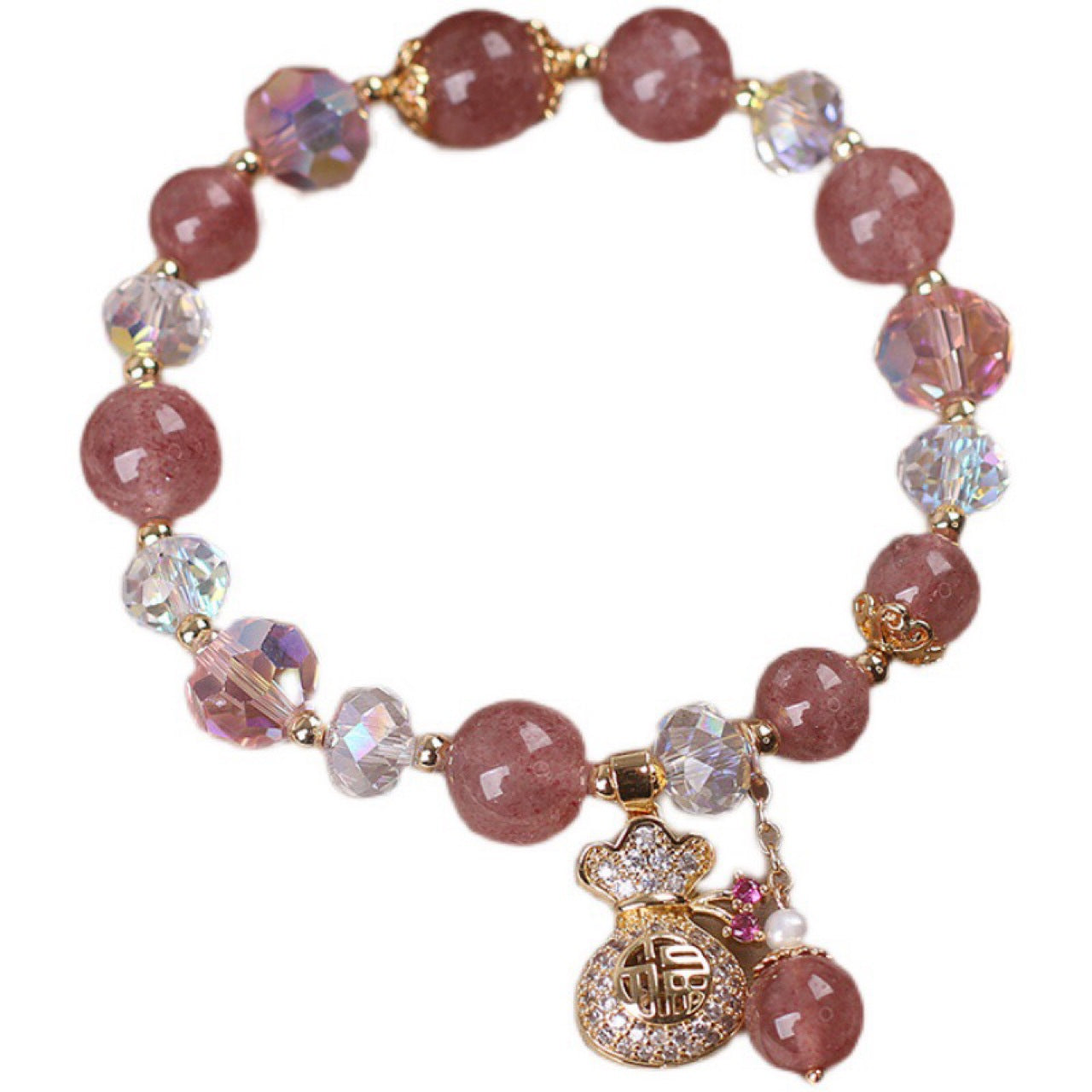 Handmade Natural Strawberry Quartz Bracelet – Diamond Charm Women’s Crystal Jewelry