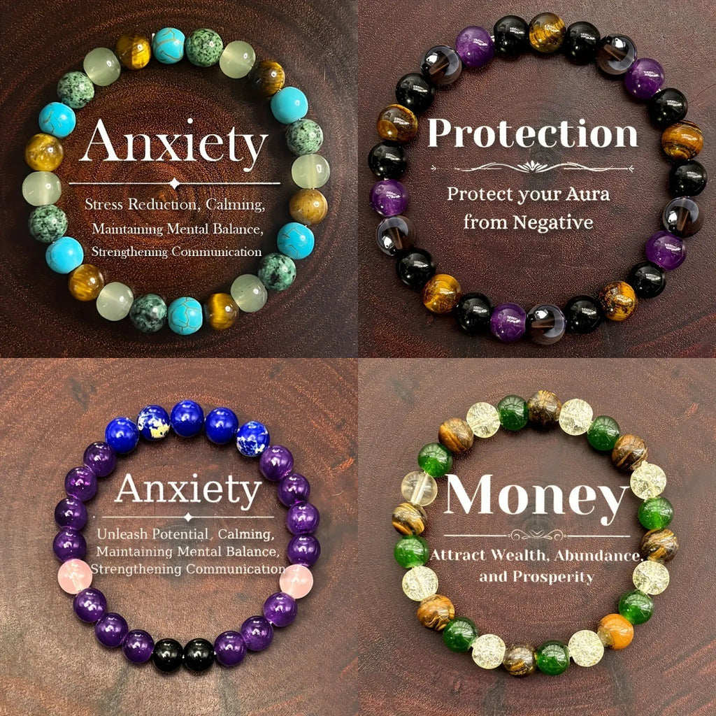Natural Amethyst, Tiger Eye & Turquoise Healing Bracelet – Handmade Crystal Jewelry