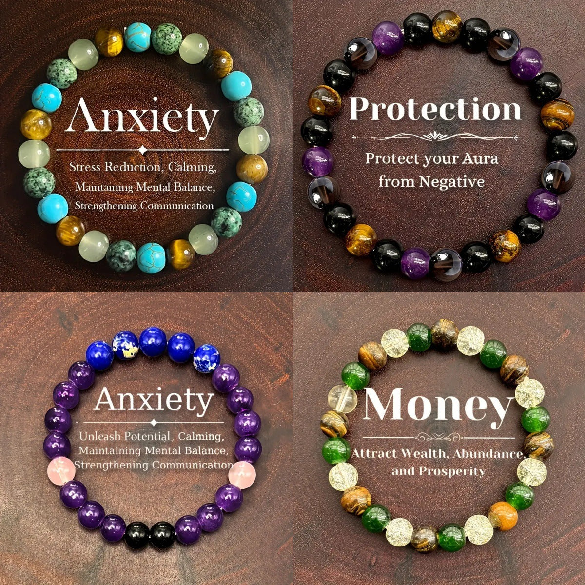 Natural Amethyst, Tiger Eye & Turquoise Healing Bracelet – Handmade Crystal Jewelry