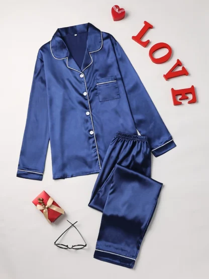 Women’s Solid Pajama Set – Long Sleeve Button-Up Lapel Top & Matching Pants Sleepwear Loungewear Set - Image 9