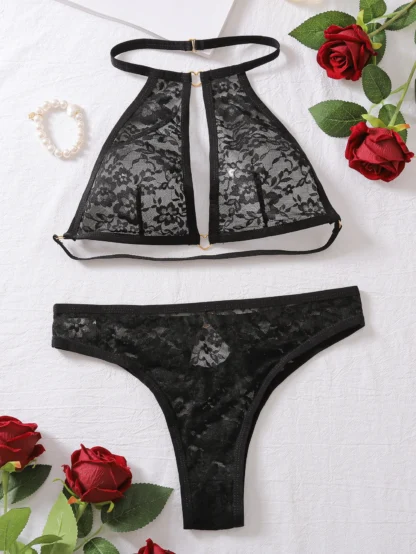 Women’s Sexy Lingerie Set – Halterneck Lace Push-Up Bra & Seamless Black Panty - Image 6