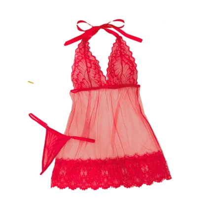 Women’s Backless Deep V Lace Mesh Dress – Short Temptation Dress with Bows & Multi-Strap Sleeves - Image 4