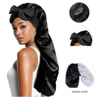 Soft Silky Long Satin Bonnet for Natural & Curly Hair – Extra Large Sleep Cap with Adjustable Tie for Women
