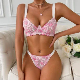 Luxury Romantic Peach Blossom Embroidery Lingerie Set – Sexy 3D Jacquard Push-Up Bra & Panty
