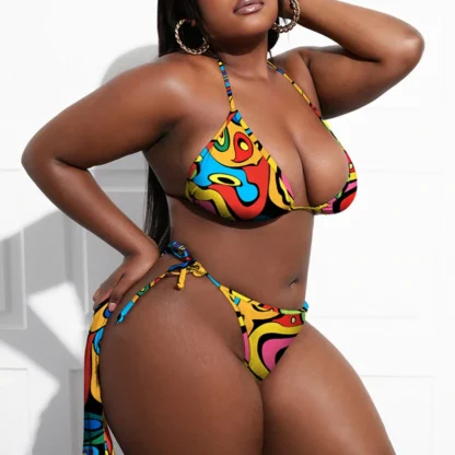 Plus Size Sexy 3-Piece Bikini Set for Women – Large Cup Halter Swimwear with Cover Up, African Print Beach Swimsuit - Image 3