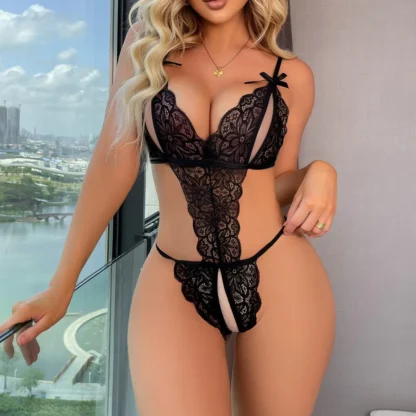Romantic Lace Lingerie Set – Ultra-Stretch 3-Piece Bodysuit with High-Waisted Thong & Delicate Garter Belt - Image 2