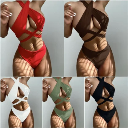 Sexy High Neck Cross Bikini Set  – Women’s Solid White & Black Push-Up Hollow Out Swimsuit, High Waist Summer Bathing Suit Swimwear - Image 9