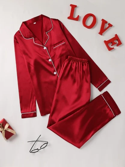 Women’s Solid Pajama Set – Long Sleeve Button-Up Lapel Top & Matching Pants Sleepwear Loungewear Set - Image 2