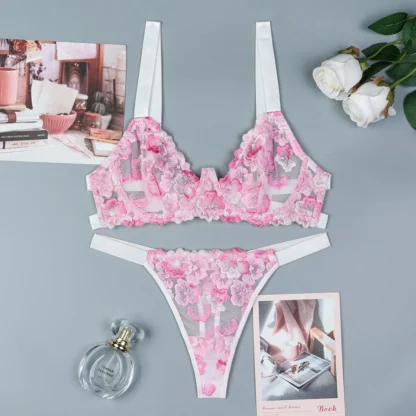 Luxury Romantic Peach Blossom Embroidery Lingerie Set – Sexy 3D Jacquard Push-Up Bra & Panty - Image 9