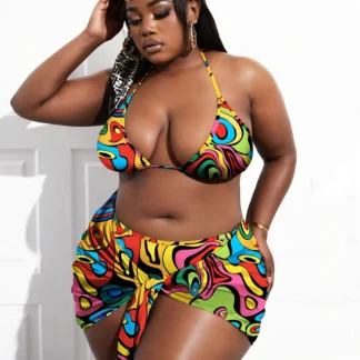 Plus Size Sexy 3-Piece Bikini Set for Women – Large Cup Halter Swimwear with Cover Up, African Print Beach Swimsuit
