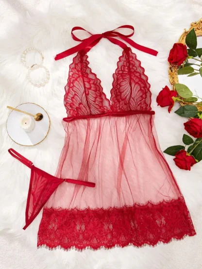 Women’s Backless Deep V Lace Mesh Dress – Short Temptation Dress with Bows & Multi-Strap Sleeves - Image 2