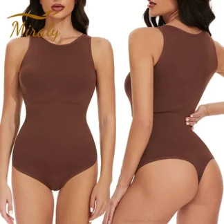 Seamless Crew Neck Body Sculpting Bodysuit – Women’s Sleeveless Tummy Control Shapewear, Racerback Thong with Snap Closure