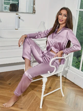 Women’s Solid Pajama Set – Long Sleeve Button-Up Lapel Top & Matching Pants Sleepwear Loungewear Set