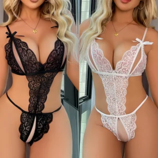 Romantic Lace Lingerie Set – Ultra-Stretch 3-Piece Bodysuit with High-Waisted Thong & Delicate Garter Belt