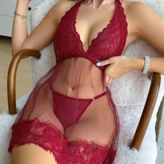 Women’s Backless Deep V Lace Mesh Dress – Short Temptation Dress with Bows & Multi-Strap Sleeves