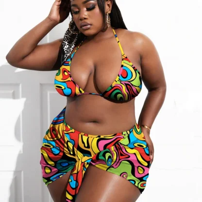 Plus Size Sexy 3-Piece Bikini Set for Women – Large Cup Halter Swimwear with Cover Up, African Print Beach Swimsuit - Image 5