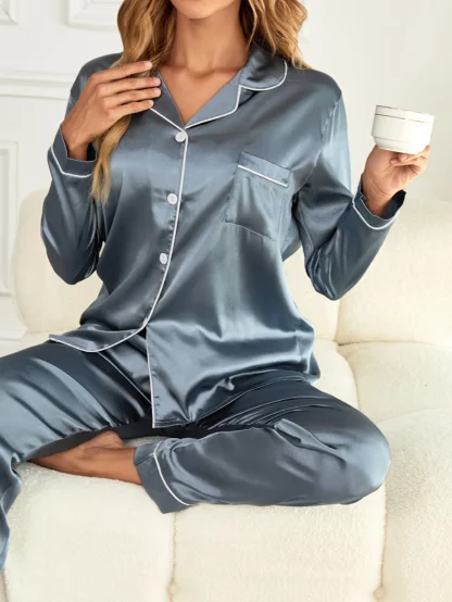 Women’s Solid Pajama Set – Long Sleeve Button-Up Lapel Top & Matching Pants Sleepwear Loungewear Set - Image 7
