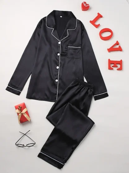 Women’s Solid Pajama Set – Long Sleeve Button-Up Lapel Top & Matching Pants Sleepwear Loungewear Set - Image 13