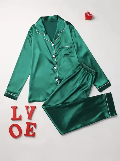 Women’s Solid Pajama Set – Long Sleeve Button-Up Lapel Top & Matching Pants Sleepwear Loungewear Set - Image 11