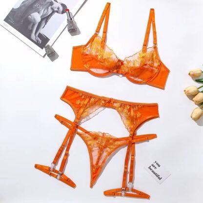 Sexy Embroidered Lingerie Set with Hanging Stockings – Chest Support & Body Shaping Split Design - Image 2