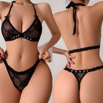 Rhinestone Lace Bra & Thong Set – Sexy Halter Lingerie for Women