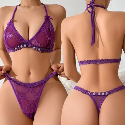 Rhinestone Lace Bra & Thong Set – Sexy Halter Lingerie for Women - Image 5