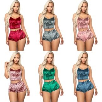 Velvet Strap Pajama Set – Sexy Sleepwear Shorts with Bow Detail for Women