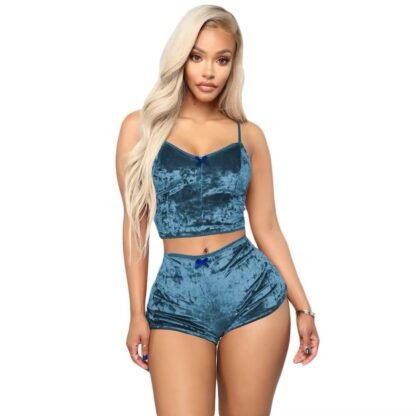 Velvet Strap Pajama Set – Sexy Sleepwear Shorts with Bow Detail for Women - Image 9