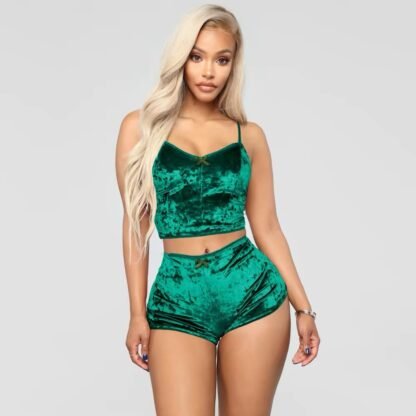 Velvet Strap Pajama Set – Sexy Sleepwear Shorts with Bow Detail for Women - Image 4