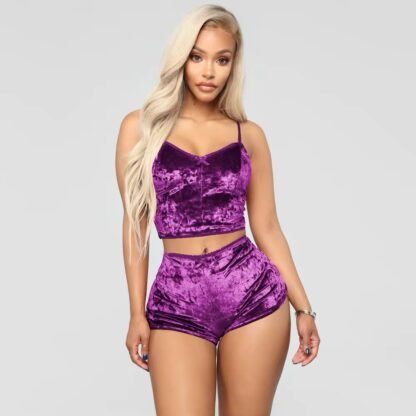 Velvet Strap Pajama Set – Sexy Sleepwear Shorts with Bow Detail for Women - Image 3