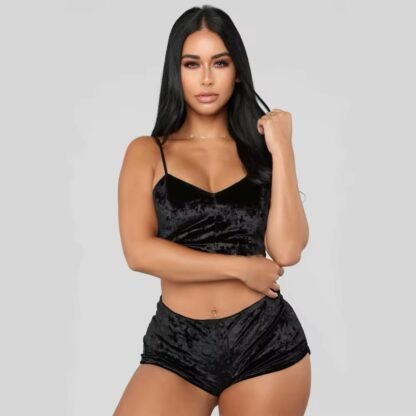 Velvet Strap Pajama Set – Sexy Sleepwear Shorts with Bow Detail for Women - Image 6