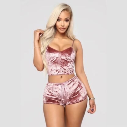 Velvet Strap Pajama Set – Sexy Sleepwear Shorts with Bow Detail for Women - Image 2